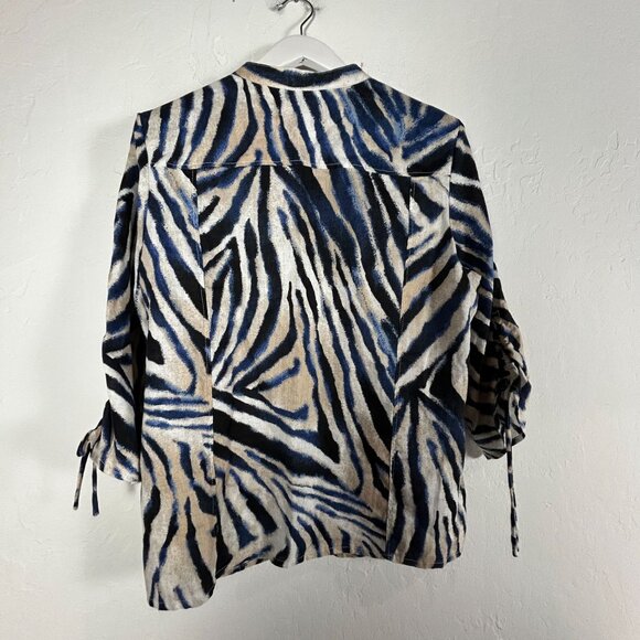 JM Collection Petite Womens Size 16P Zebra Print Button-Up Linen Shirt Top Blue - Picture 2 of 7
